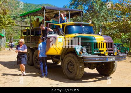 Truck, lorry, three-axle, all-terrain, transports group of tourists to Collantes Heights, Gran Parque Natural Topes de Collantes, nature reserve Stock Photo