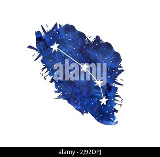 Aries watercolor zodiac signs. Hand drawn stars on deep blue galaxy background illustration. Stock Photo