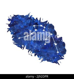 Aquarius watercolor zodiac signs. Hand drawn stars on deep blue galaxy background illustration. Stock Photo