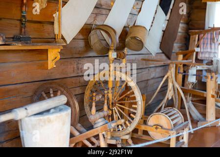 Old weaving equipment of Mari Ethnographic Museum Stock Photo