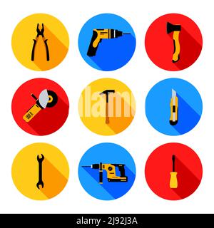 Construction tools hammer repair carpentry background. Electric home tool screwdriver toolkit collection Stock Vector