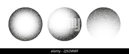 Circle noise texture dotwork grain 3D sphere planet dot vector halftone background, grunge grainy round spray Stock Vector
