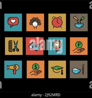 Hair salon icon set. Included the icons as hair cut, cleaning, barber, hair dryer, clipper, hair curler and more. Vector illustration. Vector illustra Stock Vector