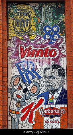 Vimto,Kellogs,Alan Turing,Mark Kennedy Mosaics of famous Mancunians at Afflecks Palace, Church St, Manchester,England, UK, M4 1PW Stock Photo