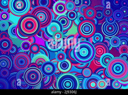 Abstract psychedelic background with circles and lines of various widths in retro optical illusion style. Stock Vector