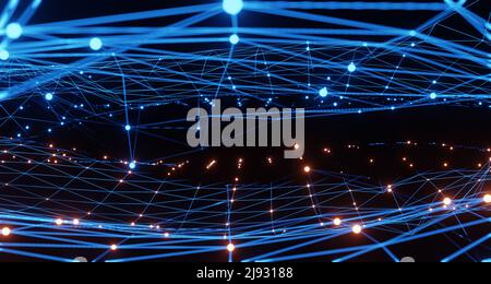 Blue and orange illumination grid pattern, communication technology for internet business. Global world network and telecommunication concept, 3d rend Stock Photo