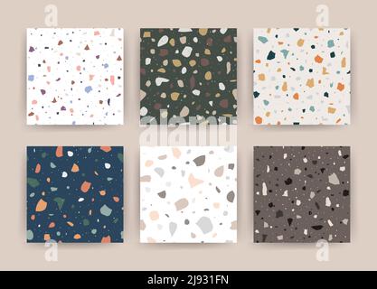 Set of terrazzo patterns with colorful stone. Seamless backgrounds in venetian style. Marble floor texture. Modern vector illustration Stock Vector