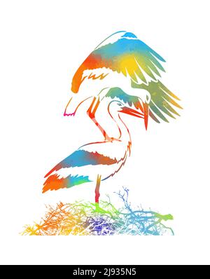 Vector background with a graphic colorful drawings of pairs of storks in the nest Stock Vector