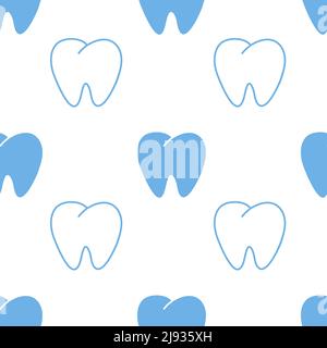 Human tooth seamless pattern. White tooth stroke blue background for dentist and dental clinic Stock Vector