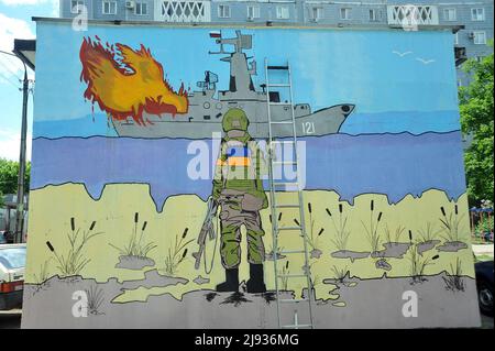 Zaporizhzhia, Ukraine, May 19, 2022. A mural by street artist Denys Antiukov inspired by the Russian Warship, Go F... Yourself! postage stamp is pictured in the Khortytskyi district of Zaporizhzhia, southeastern Ukraine, May 19, 2022. Photo by Albert Koshelev/Ukrinform/ABACAPRESS.COM