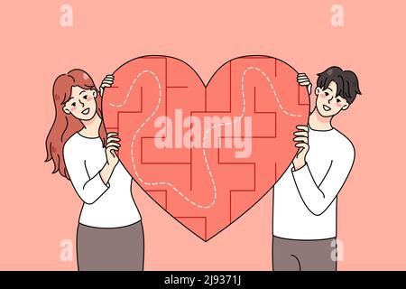 Happy young couple with heart symbol with labyrinth inside search love. Smiling man and woman look for relationships. Dating application and service. Flat vector illustration.  Stock Vector
