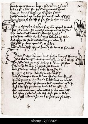 Facsimile of a 15th Century English manuscript, The Parlemant of the Three Ages, showing handwritten text Stock Photo