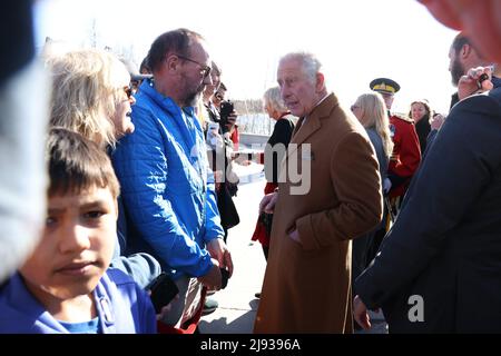 The Prince of Wales speaks to locals as he attends a Platinum Jubilee Ceremony at Ceremonial Circle, in Yellowknife, during their three-day trip to Canada to mark the Queen's Platinum Jubilee. Picture date: Wednesday May 18, 2022. Stock Photo
