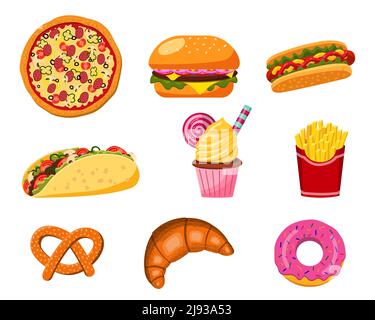 A set of fast food illustrations: pizza and tacos, burger, hot dog. Traditional takeaway food in a fast food chain cafe Stock Vector