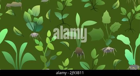 Seedling garden plants with roots. Sowing agricultural material. Seamless pattern. Vector. Stock Vector