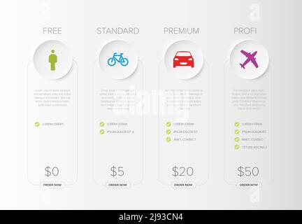 Pricing table light template with four options product subscription types with list of features and price - free, standard and premium and professiona Stock Vector