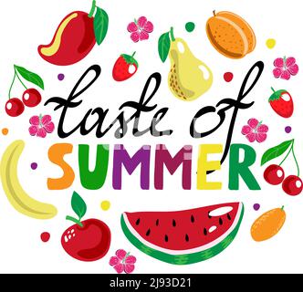 Summer template, exotic fruits and leaves banner, summer vector illustration in cartoon style. Watermelon, mango, banana, apple, strawberry and cherry Stock Vector