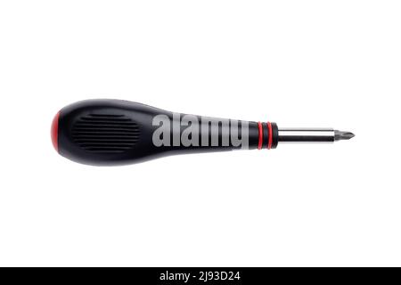 Short screwdriver with head shifter and black handle isolated on white background Stock Photo