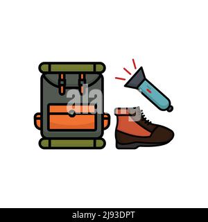 Camping accessories icon vector. Bags, flashlights, shoes. Filled line icon style. simple design editable. Design simple illustration Stock Vector