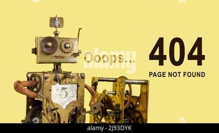 Funny robot with mechanical parts and sign 404 page not found. Stock Photo