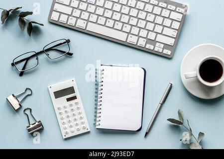 Layout of blogger or designer desktop with computer in monochrome style Stock Photo