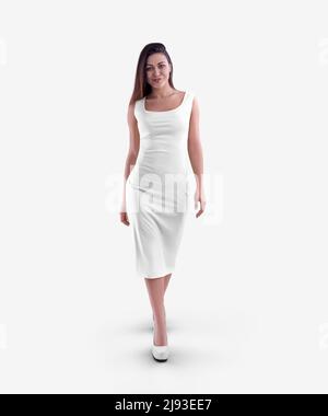 Mockup of a white medium tight dress on a beautiful dark-haired girl in heels, clothes isolated on background, front view. Summer texture sundress tem Stock Photo
