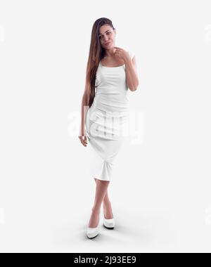 Mockup of a white tight dress, a mid-length sundress, on a girl in heels, isolated on a background, front view. Template for women's casual, formal we Stock Photo