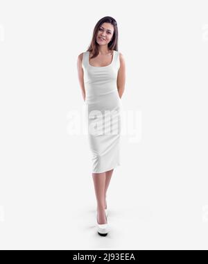 Mockup of a medium-length white dress, tight sundress, on a beautiful girl in heels, isolated on background, front view. Template of women's clothing Stock Photo