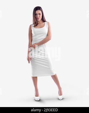 Mockup of a white dress of medium length, on a beautiful woman in shoes, for design, front view. Template of fashion clothes, tight sundress with plea Stock Photo