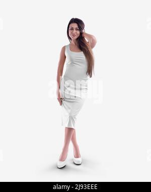 Mockup of a medium-length white sundress, on a girl in shoes, touching her hair, for design, front view. Fashion clothes template, tight dress on posi Stock Photo