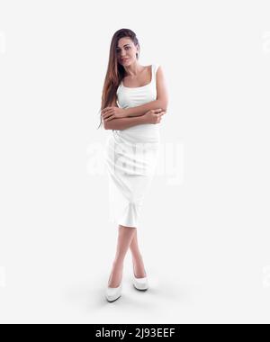 Mockup of a white tight sundress of medium length, on a girl in heels, with folded arms, isolated on background, front view. Fashion dress template, c Stock Photo