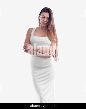 Mockup of a white tight-fitting sundress, on a girl with folded arms, long dark hair, isolated on background, front view, close-up. Medium length dres Stock Photo