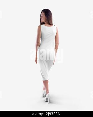 White tight dress template on a dark-haired smiling girl isolated on background, back view. Fashion clothes mockup, medium length sundress for adverti Stock Photo