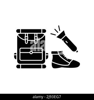 Camping accessories icon vector. Bags, flashlights, shoes. Solid icon style, glyph. simple design editable. Design simple illustration Stock Vector