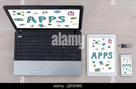 Apps concept shown on different information technology devices Stock Photo