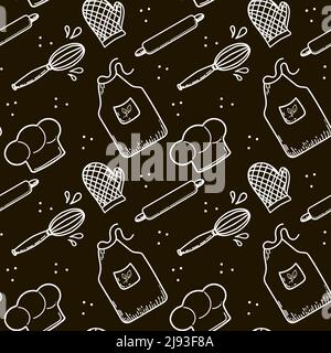 Seamless pattern of kitchen utensils. Hand-drawn vector. Cook's cap, apron and gloves. Dough tools. Doodle style vector drawing on black background Stock Vector