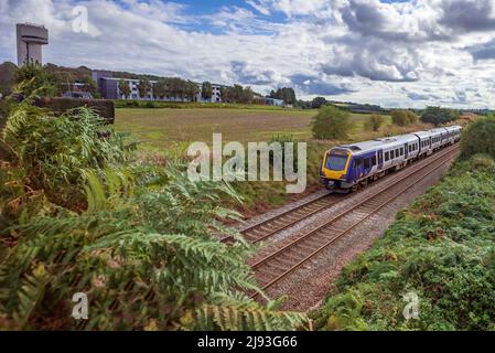 Northern Rail Class 195 diesel train seen at Daresbury Science Park on route to Chester. Stock Photo