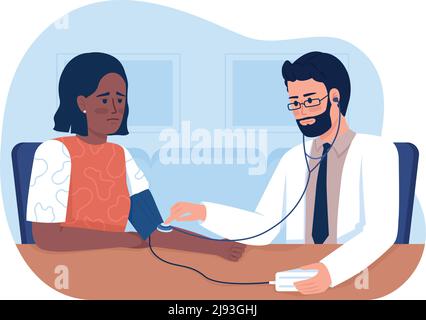 Doctor measuring pressure of sad woman 2D vector isolated illustration Stock Vector