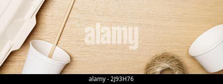 Eco friendly concept, Paper boxes and paper cup made from natural plant fiber with jute rope. Stock Photo