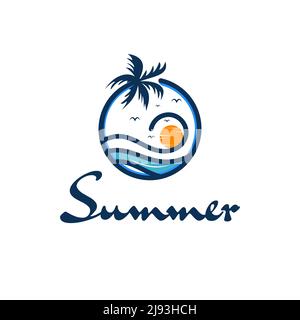 Logo design illustration of beach waves and coconut trees, sunset template Stock Vector