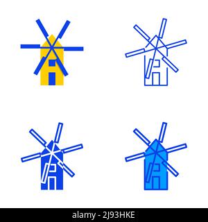 Windmill icon set in flat and line style. Vector illustration. Stock Vector