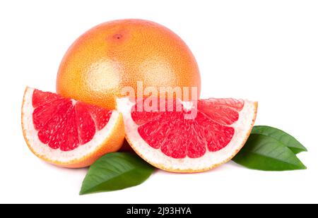 Pink grapefruit and slices isolated on white background. Fresh grapefruit with green leaves Stock Photo