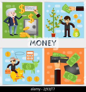 Flat finance square concept with businessmen safe money tree dollar cow calculator wallet bag of coins cash cowboy on piggy bank vector illustration Stock Vector