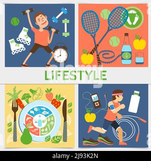 Flat active lifestyle square concept with fitness people sport equipment and healthy food vector illustration Stock Vector