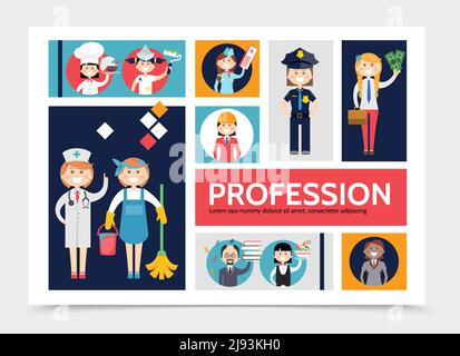 Flat profession characters infographic template with doctor maid chef painter stewardess waitress accountant stylist teacher police officer engineer v Stock Vector