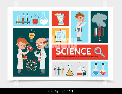 Flat scientific research infographic concept with scientists tubes flasks note thermometer laboratory equipment magnifier atom model vector illustrati Stock Vector