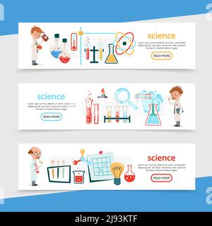 Flat science colorful horizontal banners with scientists tubes flasks atom and molecule models magnifier note bulb thermometer chemical scientific exp Stock Vector
