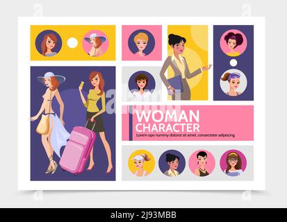 Flat woman characters avatars infographic template with traveling girls sportswomen businesswomen secretary pretty ladies wearing evening dress and ca Stock Vector