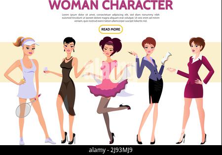Flat woman characters set with sportswoman secretary businesswoman ladies wearing evening and casual dresses isolated vector illustration Stock Vector