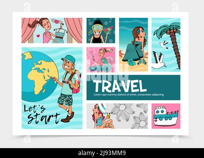 Flat summer travel infographic template with cheerful tourist near earth globe pretty women relaxing on beach romantic female travelers diver cruise s Stock Vector